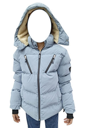 Erkek Çocuk /Kız Çocuk Çapraz Fermuar Model Kapüşonu Çıkabilen İçi Peluş Astarlı Buz Mavi Renk Mont