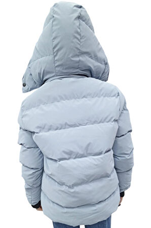 Erkek Çocuk /Kız Çocuk Çapraz Fermuar Model Kapüşonu Çıkabilen İçi Peluş Astarlı Buz Mavi Renk Mont