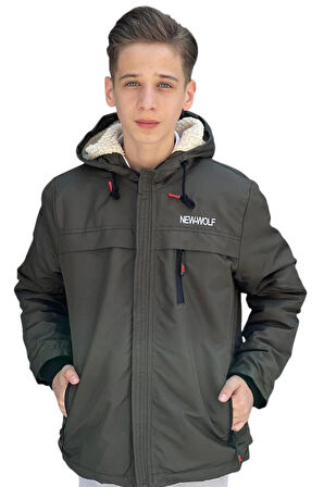 Erkek Çocuk New Wolf Yazılı Fermuar Cepli İçi Peluş Astarlı Haki Renk İnce Mont