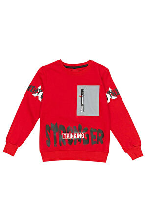 Erkek Çocuk Önü Arkası Stronger Yazı Desenli Fermuar Cepli Kırmızı Sweatshirt
