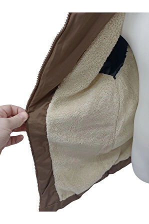 Kız Çocuk Kapüşonu Çıkabilen Fermuar Kapamalı Beli İp Bağlamalı İçi Peluş Astarlı Kahverengi Mont