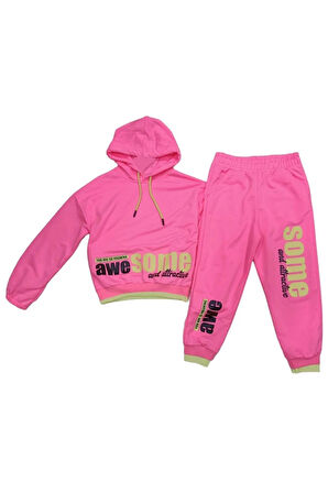 Kız Çocuk Pembe Renk Awesome Yazı Desenli Kapüşonlu Crop Model Eşofman Takımı