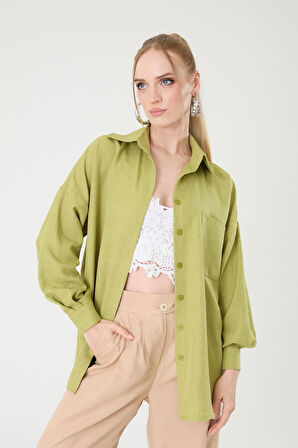 Tek Cepli Oversize Keten Gömlek- Yağ Yeşil