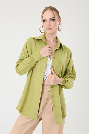 Tek Cepli Oversize Keten Gömlek- Yağ Yeşil