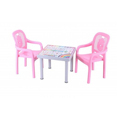 Sağlam Plastik Mandella Rubi İngilizce Desenli Çocuk Masası 2 Adet Rubi Çocuk Koltuk Pembe