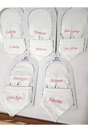 İsim Nakışlı Bere Beyaz Yenidoğan Seti (Eldiven ve Salya Önlüğü)
