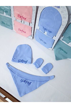 İsim Nakışlı Bere Mavi Yenidoğan Seti (Eldiven ve Salya Önlüğü)