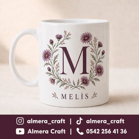 Kişiye Özel İsimli ve Baş Harfli Çiçek Tasarımlı Porselen Kupa Bardak 300 ml