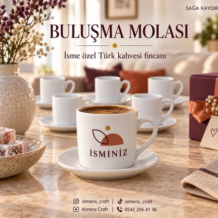 Kişiye Özel İsim Baskılı 6'lı Türk Kahvesi Fincan Seti