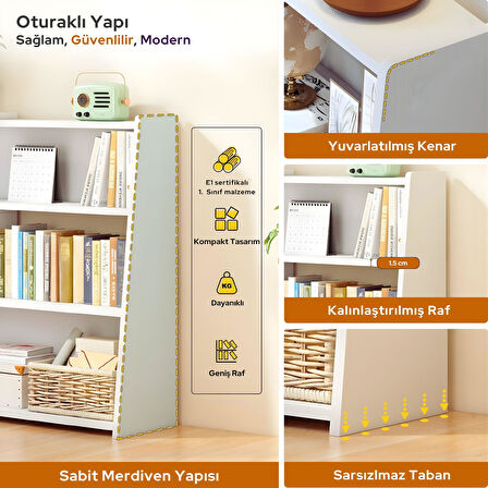 Uzatılabilir Raflı Kitaplık Küçük Alanlar veya Köşeler için 3 Katlı Merdiven Tipi Alçak Kısa Kitaplık