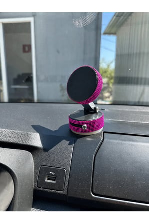 Kadınlara Özel Kristal Taşlı Fuşya Araç Telefon Tutacağı Oto Telefon Tutucu