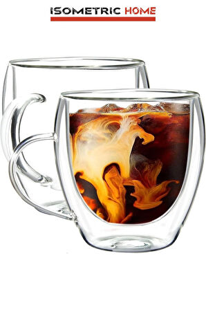 Main 2 Adet 250 ml Çift Cidarlı Kulplu Cam Çay Kahve Süt Kupa Borosilikat Bardak