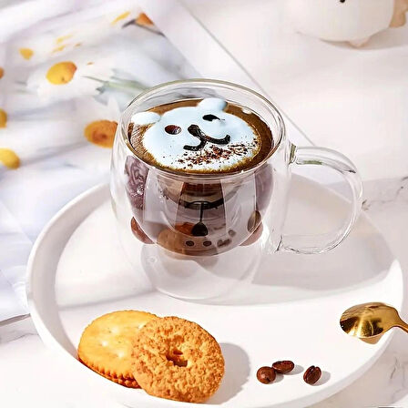 Ayıcıklı Çift Cidarlı Tasarım Cam Kupa 250 ml - Hediyelik Çift Cidarlı Ayıcık Kupa