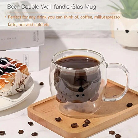 Ayıcıklı Çift Cidarlı Tasarım Cam Kupa 250 ml - Hediyelik Çift Cidarlı Ayıcık Kupa