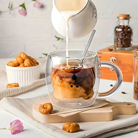 Ayıcıklı Çift Cidarlı Tasarım Cam Kupa 250 ml - Hediyelik Çift Cidarlı Ayıcık Kupa