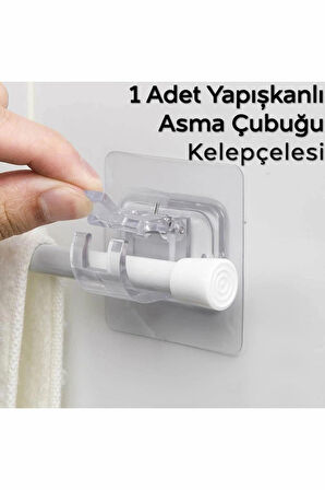 1 Adet Yapışkanlı Asma Çubuğu Klipsi Şeffaf Tutucu | Sopa Askısı 2 Cm Çap İçin Uyumlu