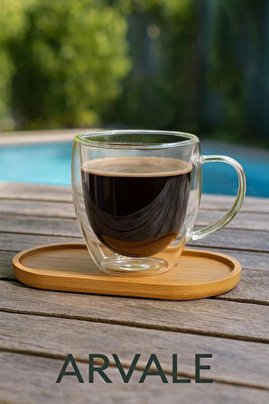 Kahve Keyfi Set - Bambu Oval Sunumluk Ve 250 ML Çift Cidarlı Kupa Kahve Ve Çay Kupası Bardak