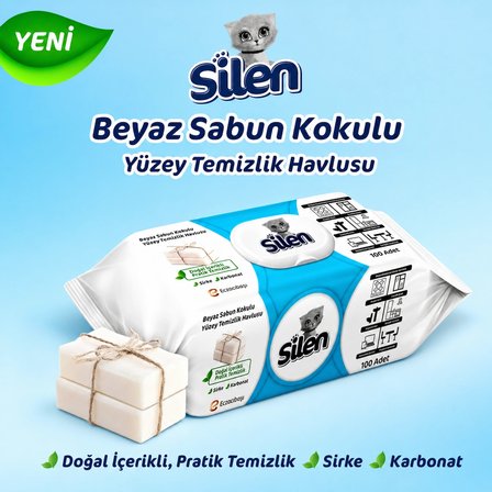 4 PAKET Silen Yüzey Temizleme Mendili 100'lü Beyaz Sabun Kokulu