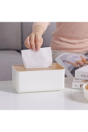Bambu Kapaklı Peçetelik Sunumluk | 21 x 13 x 9 cm Beyaz Renk 1 Adet