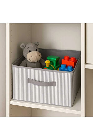 30x30 Gri Çizgili Kartonlu Organizer Hurç - Tutma Kulplu, Katlanabilir, Dayanıklı Saklama Kutusu