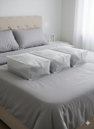 3'lü Beyaz Büyük Baza Altı & Çekyat Tipi Tela Hurç 65x45x22 cm – Fermuarlı Saklama ve Düzenleme Hurcu