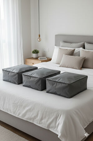 3'lü Gri Büyük Baza Altı & Çekyat Tipi Tela Hurç 65x45x22 cm – Fermuarlı Saklama ve Düzenleme Hurcu