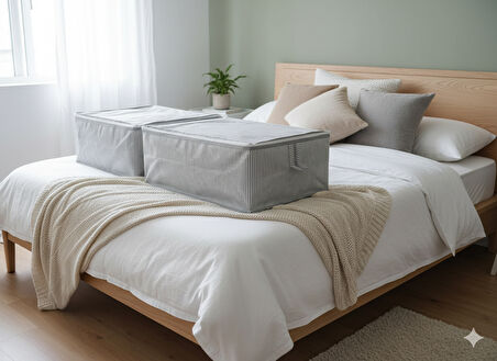 2'li Gri Çizgili Büyük Baza Altı & Çekyat Tipi Tela Hurç 65x45x22 cm–Fermuarlı Saklama ve Düzenleme Hurç