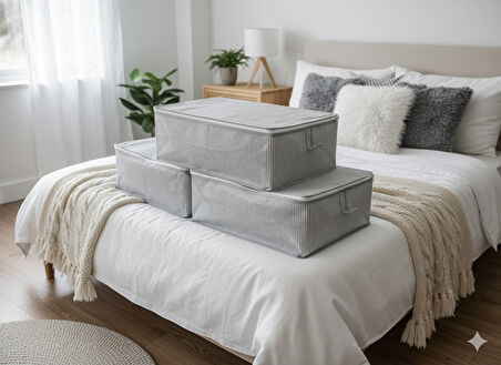 3'lü Gri Çizgili Büyük Baza Altı & Çekyat Tipi Tela Hurç 65x45x22 cm – Fermuarlı Saklama ve Düzenleme Hurcu