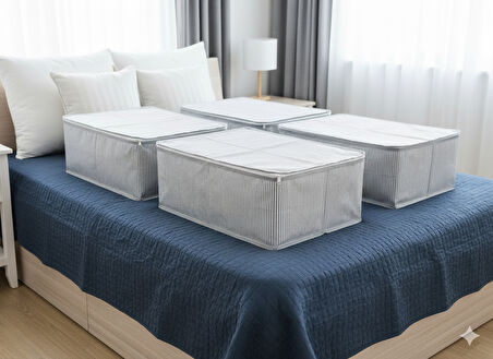 4'lü Gri Çizgili Büyük Baza Altı & Çekyat Tipi Tela Hurç 65x45x22 cm – Fermuarlı Saklama ve Düzenleme Hurcu