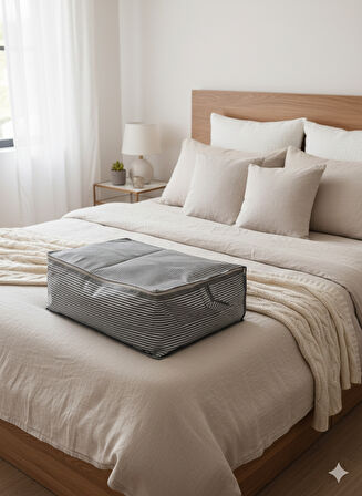 4'lü Gri Çizgili Büyük Baza Altı & Çekyat Tipi Tela Hurç 65x45x22 cm – Fermuarlı Saklama ve Düzenleme Hurcu