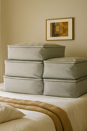 5'li Gri Çizgili Büyük Baza Altı & Çekyat Tipi Tela Hurç 65x45x22 cm – Fermuarlı Saklama ve Düzenleme Hurcu