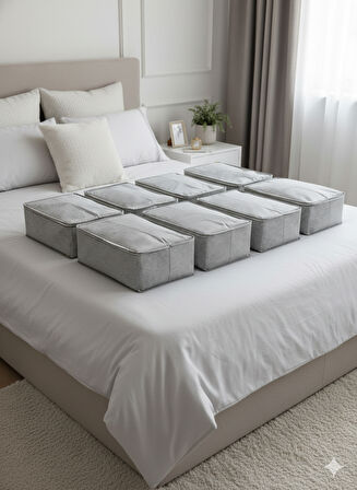 8'li Gri Çizgili Büyük Baza Altı & Çekyat Tipi Tela Hurç 65x45x22 cm – Fermuarlı Saklama ve Düzenleme Hurcu