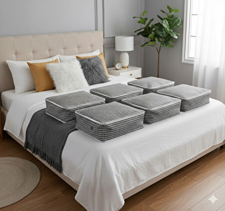 6'lı Kaz Ayağı Büyük Baza Altı & Çekyat Tipi Tela Hurç 65x45x22 cm – Fermuarlı Saklama ve Düzenleme Hurcu