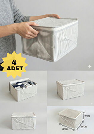 4'lü Gri Çizgili Çorap Hurcu | Çok Amaçlı Dolap Içi ve Çekmece Içi Düzenleyici 29x24x17 cm