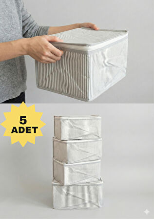 5'li Gri Çizgili Çorap Hurcu | Çok Amaçlı Dolap Içi ve Çekmece Içi Düzenleyici 29x24x17 cm