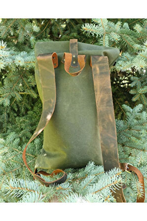 Roket Model Yeşil Canvas & Deri Detaylı Ayarlanabilir Sırt Çantası (45-55 cm)