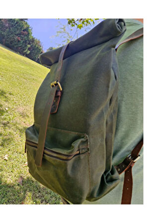 Roket Model Yeşil Canvas & Deri Detaylı Ayarlanabilir Sırt Çantası (45-55 cm)