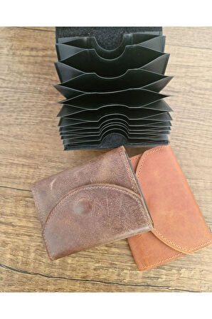Siyah | Akordiyon Deri Yatay Kartlık | 10 Bölmeli Hakiki Deri | Minimalist & Kompakt Tasarım