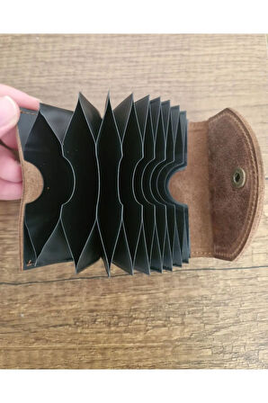 Taba Hakiki Deri Akordiyon Yatay Kartlık - 10 Bölmeli Minimalist Unisex Cüzdan