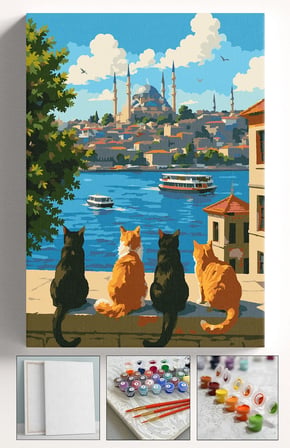 Sayılarla Boyama Seti Numaralı Tuval Fırça Boya Askı Aparatı Dahil Set 40x50 Cm - İSTANBUL KEDİLER