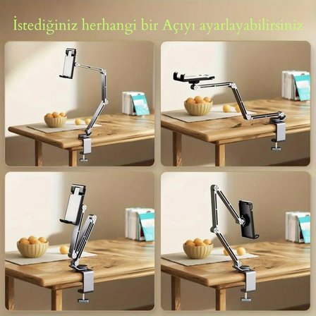 Alüminyum Telefon Tablet Tutucu Stand 4-15,6 İnç 360 Derece Dönebilen Katlanabilen Uzun Kollu Stand