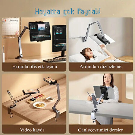Alüminyum Telefon Tablet Tutucu Stand 4-15,6 İnç 360 Derece Dönebilen Katlanabilen Uzun Kollu Stand
