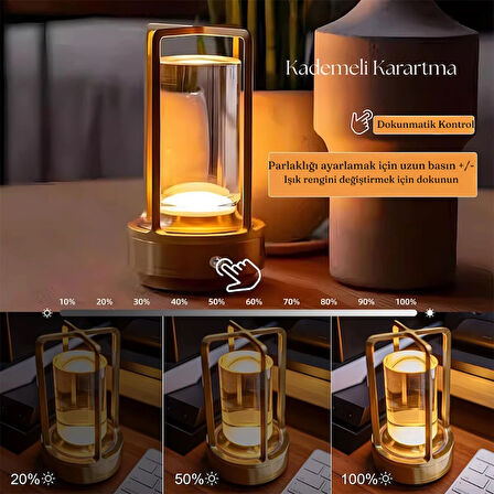 Şarjlı Dokunmatik LED Masa Lambası Retro Ayarlanabilir Dekoratif 3 Mod'lu Lamba Ev Kafe Restoran