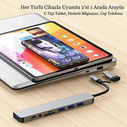 8 İn 2 USB Çoklayıcı TF/SD kart okuyucu Type-C Type-A HUB 3.5mm Ses Girişi yüksek hızlı adaptörü