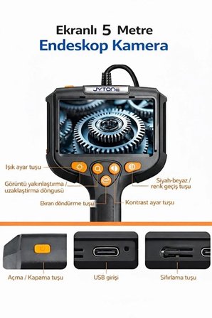 Monitörlü Tek Kameralı 10 Mt Sert Kablo Yılan Endoskop Kamera 5,5 Mm 4.3 Inc Ekran Ip67 Su Geçirmez Led Işıklı