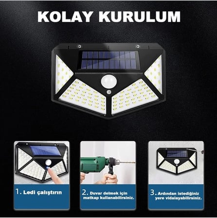 100 Led Dış Mekan Solar Aydınlatma Fotoselli Solar Lamba Hareket Sensörlü