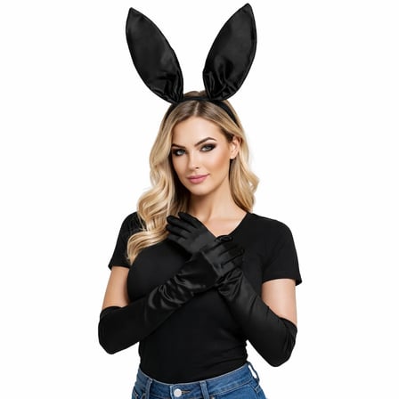 Siyah Parlak Tavşan Kulak Ve 40 Cm Parlak Siyah Eldiven Kostüm Seti