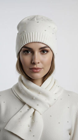 İnci ve Taş Detaylı Krem Kadın Bere (Atkısıyla Takım)