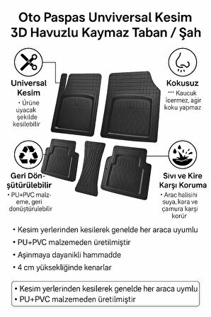 Universal Kesim 3D Havuzlu Oto Paspas Takımı | 5 Parça | PU+PVC - Kokusuz ve Yıkanabilir