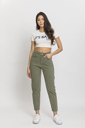 Mercan Yüksek Bel Haki Kadın Mom Jean
